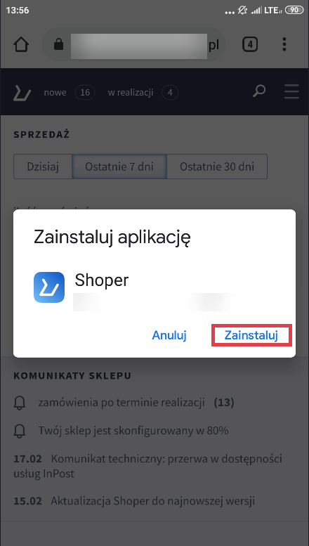Urządzenie mobilne z systemem Android > Dodaj aplikację do ekranu głównego > Instalacja aplikacji