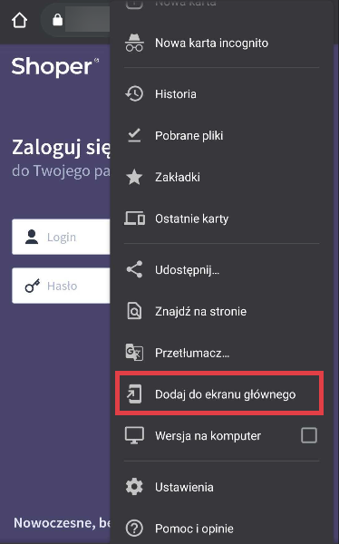 Menu ustawień przeglądarki na urządzeniu mobilnym z systemem Android > Dodaj do ekranu głównego
