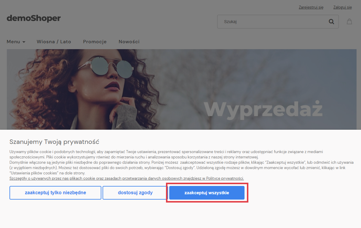 Przycisk, który pozwala szybko zaakceptować wszystkie pliki cookies Widget cookies na stronie sklepu Shoper