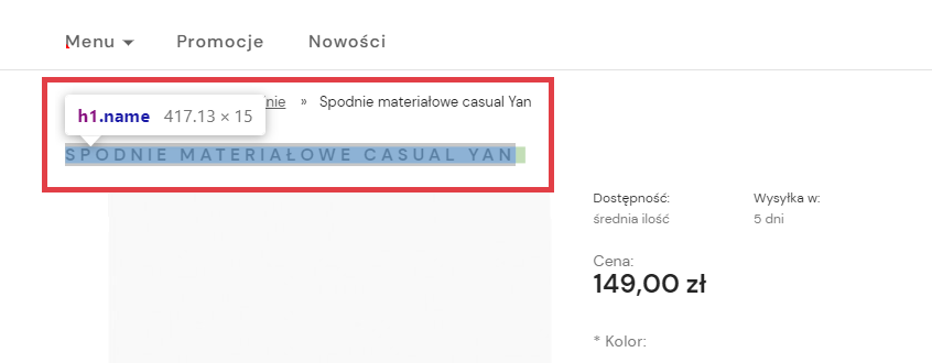 W karcie produktu nagłówkiem H1 jest nazwa produktu Nagłówek H1 w karcie produtku