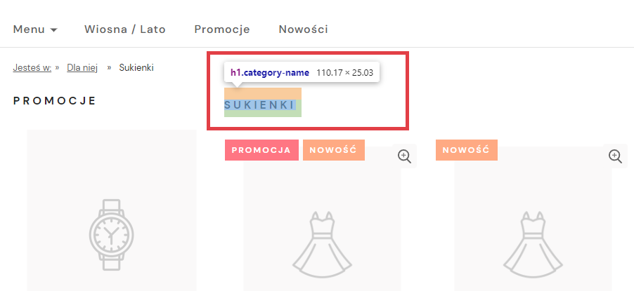 Na stronie kategorii nagłówkiem H1 jest nazwa kategorii Nagłówek H1 na stronie kategorii