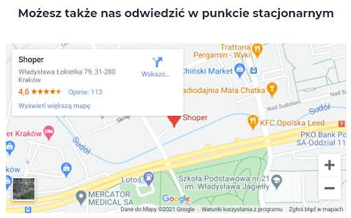 Przykład dodanej mapy z lokalizacją na stronie kontaktowej sklepu Dodaj mapę przedstawiającą lokalizację punktu stacjonarnego