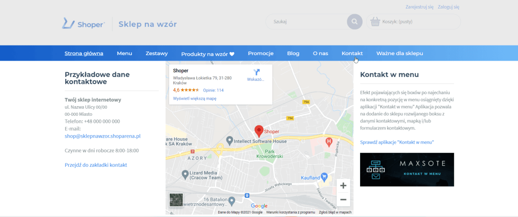 Przykład sklepu z dodanym kontaktem w menu głównym