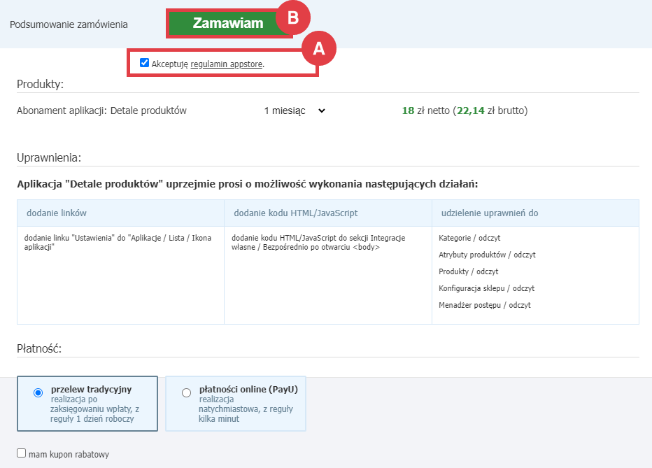 Zamów abonament aplikacji Detale produktów w sklepie Shoper i zrealizuj płatność Panel administracyjny sklepu > Dodatki i integracje > Aplikacje > Detale produktów > Instalacja