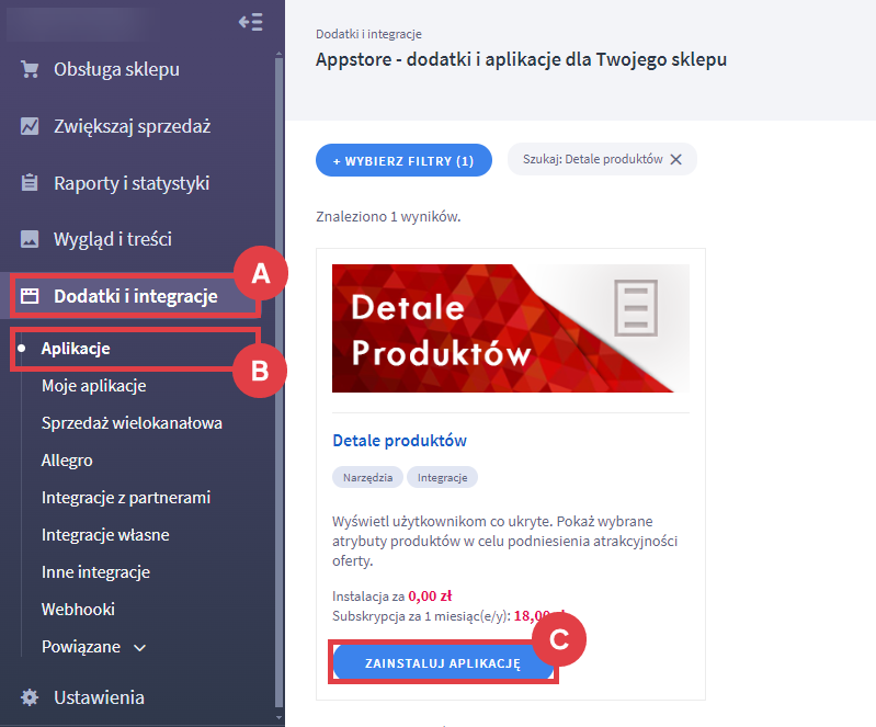 Zainstaluj aplikację do wyświetlania atrybutów produktów na stronie sklepu internetowego Panel administracyjny sklepu > Dodatki i integracje > Aplikacje > Detale produktów