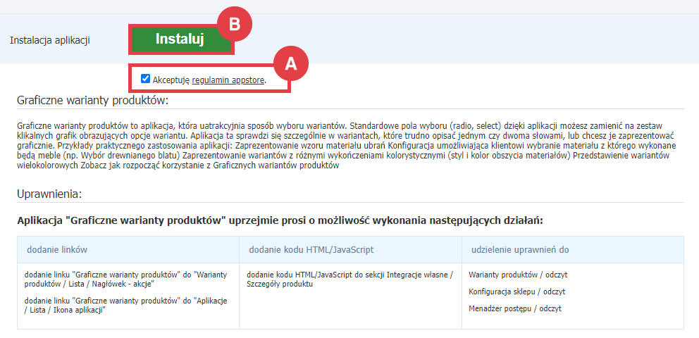 Panel administracyjny sklepy > Dodatki i integracje > Aplikacje > Graficzne warianty produktów > Instalacja