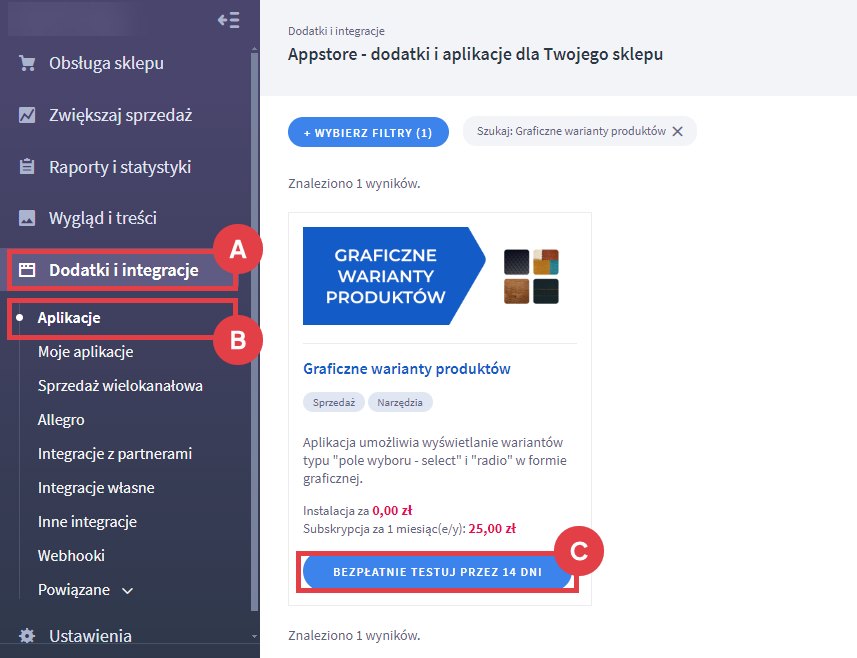 Panel administracyjny sklepy > Dodatki i integracje > Aplikacje > Graficzne warianty produktów