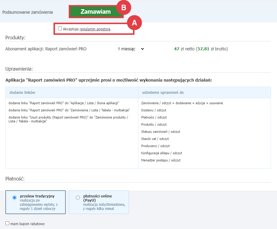 Panel administracyjny sklepu > Dodatki i integracje > Aplikacje > Raport zamówień PRO > Instalacja