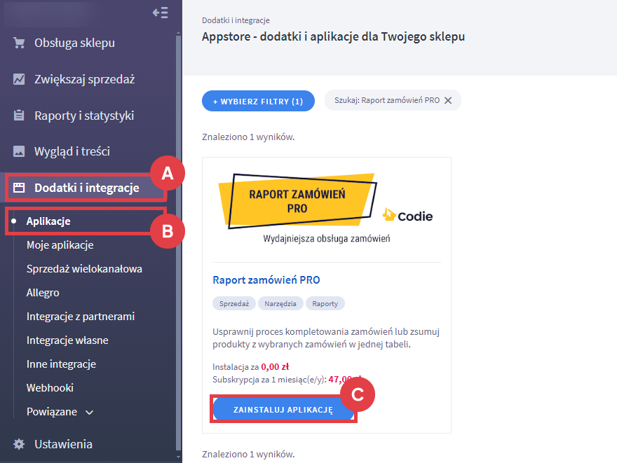 Panel administracyjny sklepu > Dodatki i integracje > Aplikacje > Raport zamówień PRO