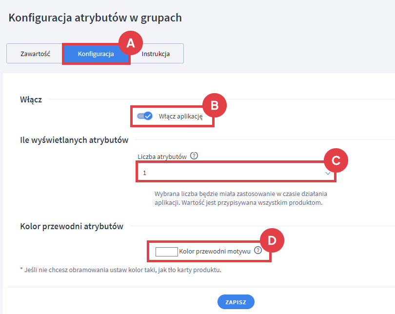 Włącz aplikację Detale produktów i skonfiguruj atrybuty w grupach Panel administracyjny sklepu > Dodatki i integracje > Moje aplikacje > Detale produktów > Konfiguracja