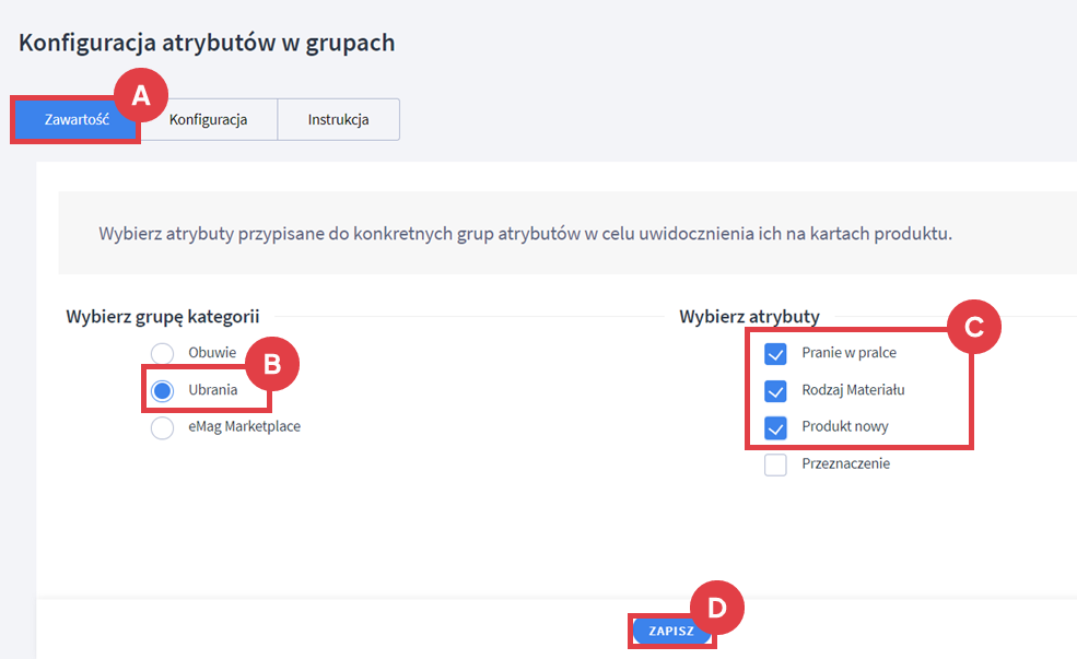 Wybierz atrybuty przypisane do konkretnyhch grup atrybutów w celu uwidocznienia ich na kartach produktu Panel administracyjny sklepu > Dodatki i integracje > Moje aplikacje > Detale produktów > Zawartość