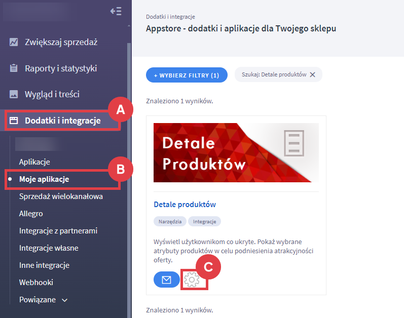Uruchom aplikację i wybierz atrybuty produktów, które będą wyświetlane użytkownikom Panel administracyjny sklepu > Dodatki i integracje > Moje aplikacje > Detale produktów