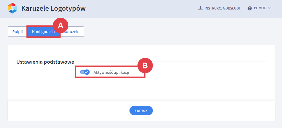 Aktywuj wyświetlanie karuzeli na stronie sklepu internetowego Shoper Panel administracyjny sklepu > Dodatki i integracje > Moje aplikacje > Karuzele Logotypów > Konfiguracja > Aktywność aplikacji