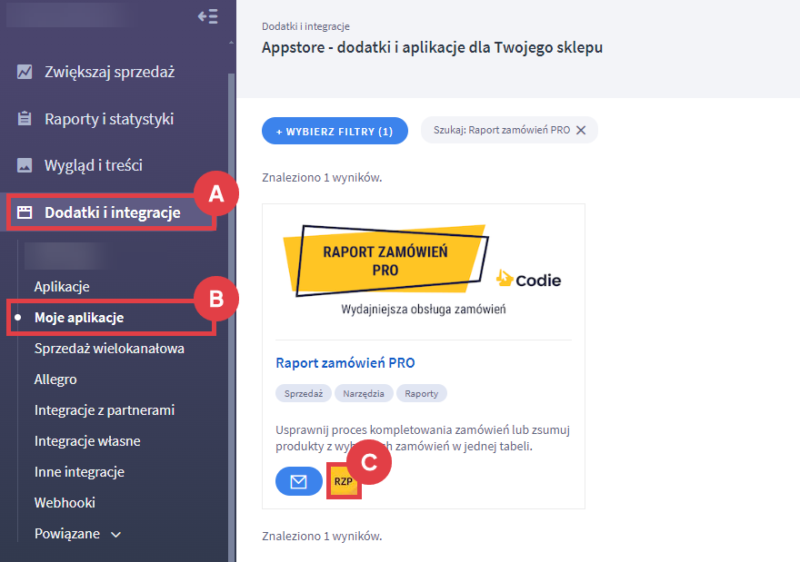 Panel administracyjny sklepu > Dodatki i integracje > Moje aplikacje > Raport zamówień PRO