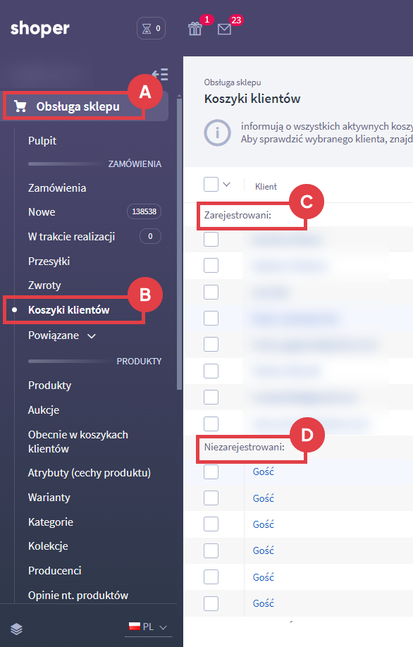 Lista porzuconych koszyków podzielona na zarejestrowanych i niezarejestrowanych użytkowników sklepu Panel administracyjny sklepu > Obsługa sklepu > Koszyki klientów