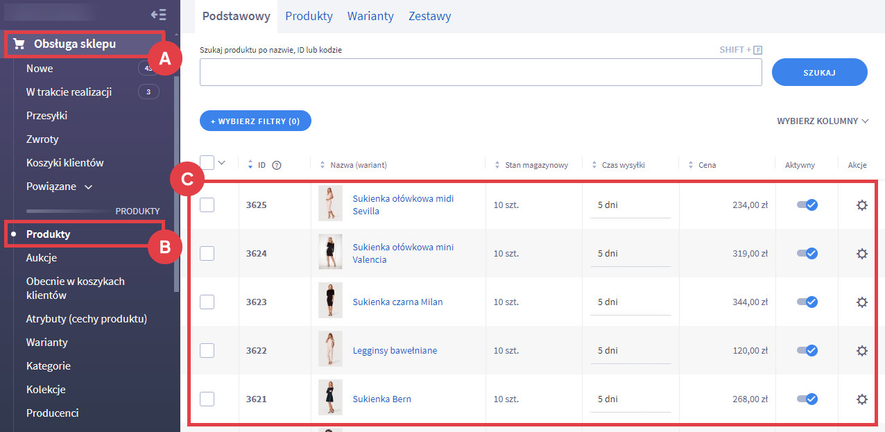 Panel administracyjny sklepu > Obsługa sklepu > Produkty > Lista