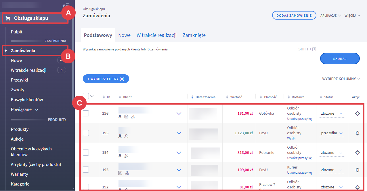 Panel administracyjny sklepu > Obsługa sklepu  > Zamówienia > Lista