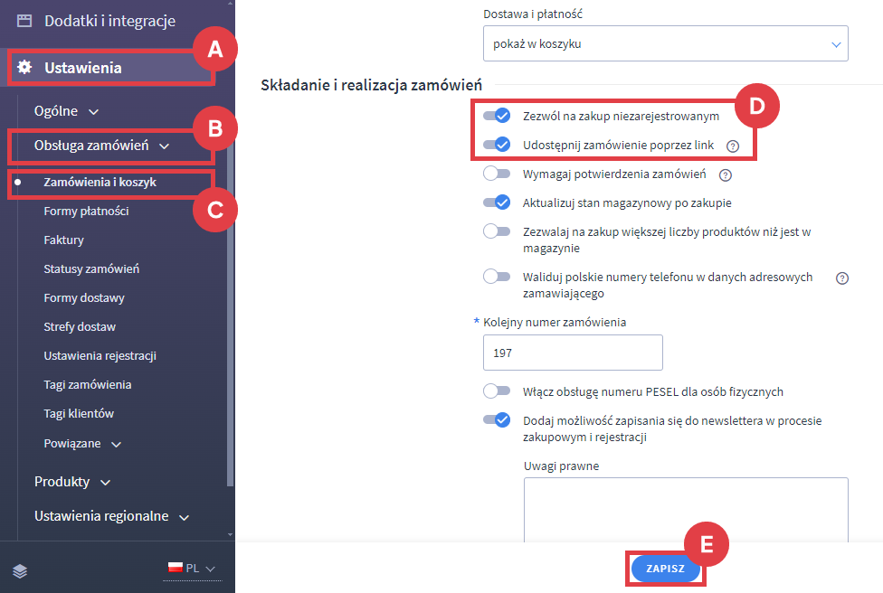 Panel administracyjny sklepu > Ustawienia > Obsługa zamówień > Zamówienia i koszyk > Składanie i realizacja zamówień > Link