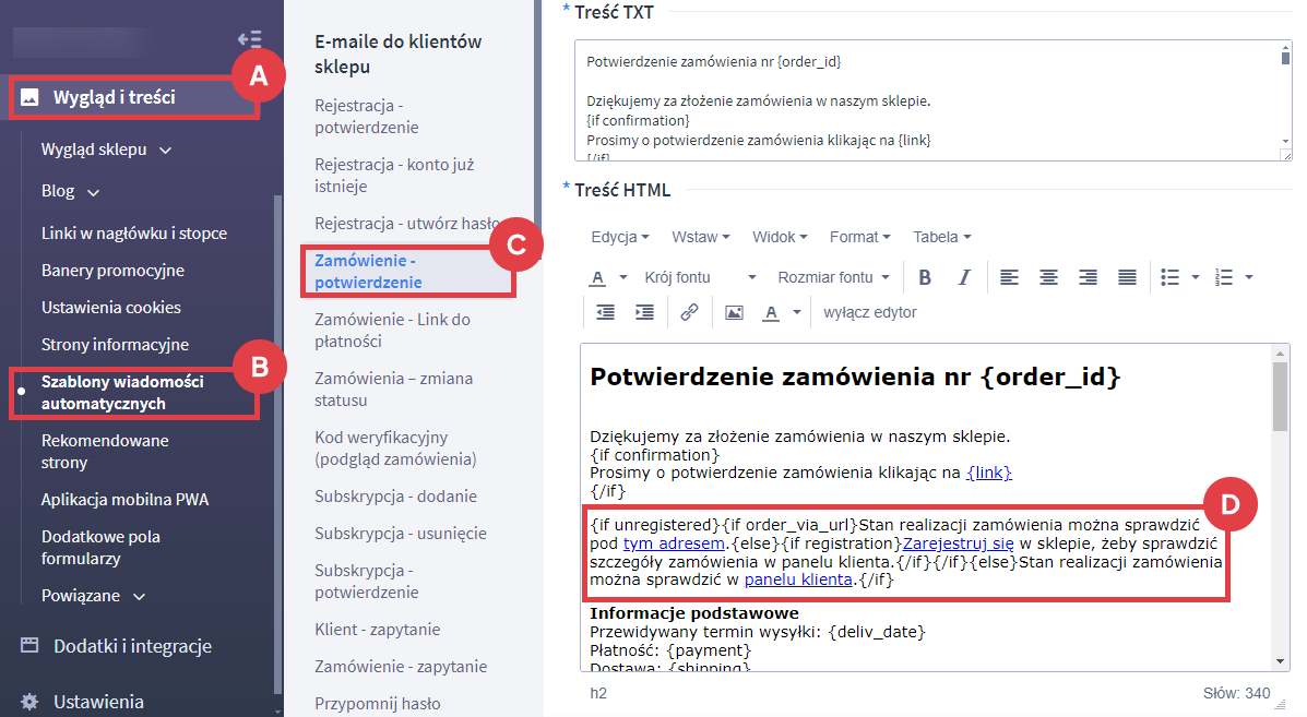 Panel administracyjny sklepu > Wygląd i treści > Szablony wiadomości automatycznych > Zamówienie - potwierdzenie > Treść HTML