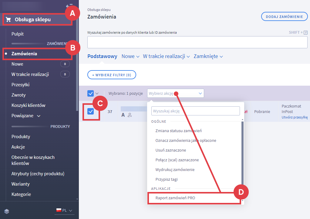Panel administracyjny sklepu > Obsługa sklepu > Zamówienia > Akcje > Raport zamówień PRO