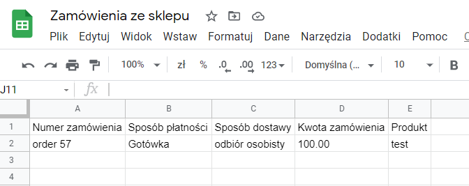 Widok wiersza z nowym zamówieniem złożonym w sklepie internetowym Arkusz Excel > Plik z zamówieniami ze sklepu