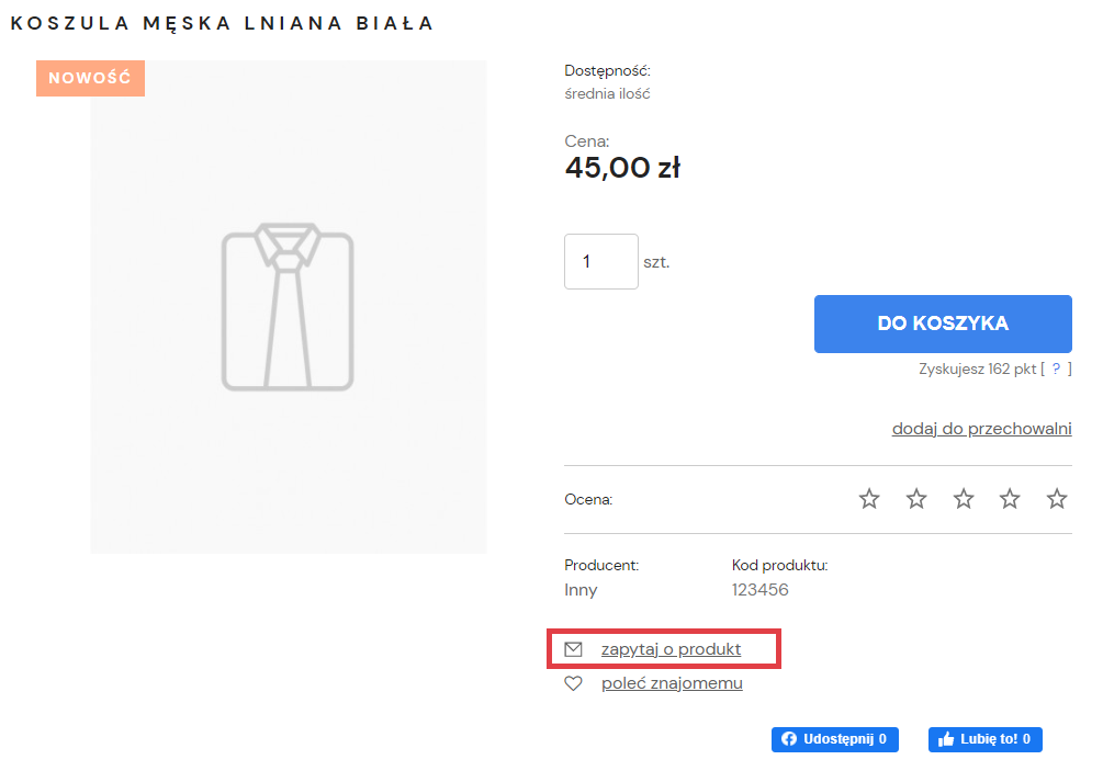 Przykładowy widok karty produktu z opcją o wysłanie zapytania do właściciela sklepu Strona sklepu Shoper > Karta produktu > Zapytaj o produkt