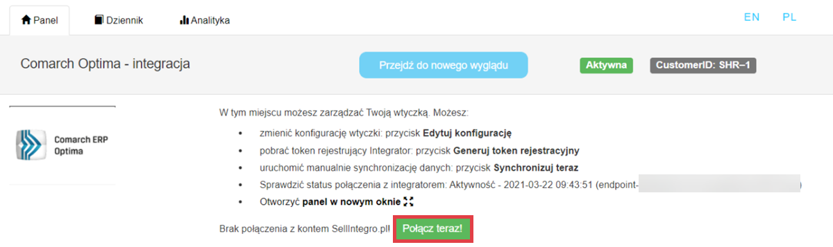 Połącz wtyczkę z kontem SellIntegro.pl Comarch ERP Optima - Integracja > Brak połączenia z kontem SellIntegro.pl