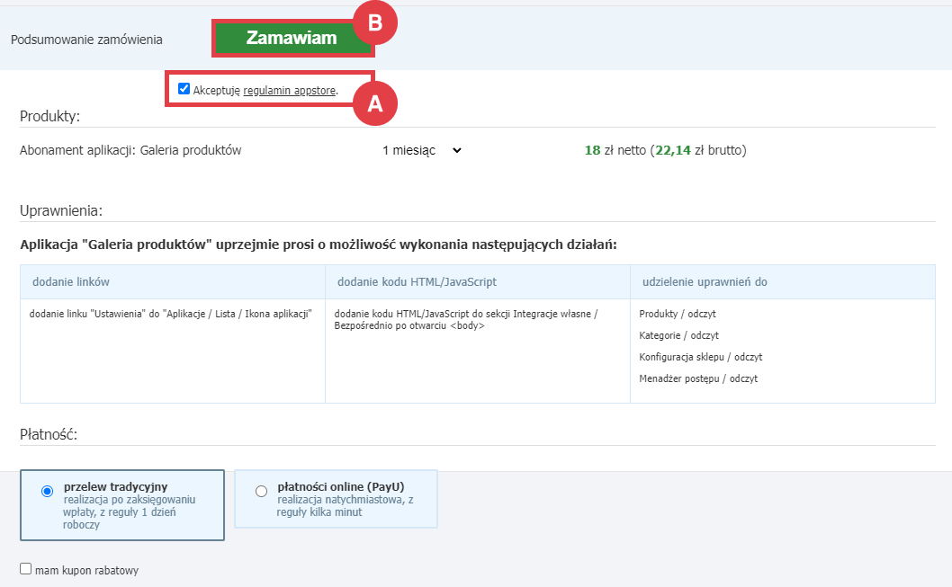 Panel administracyjny sklepu > Dodatki i integracje > Aplikacje > Galeria produktów > Instalacja