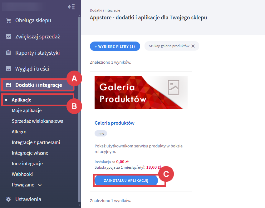 Panel administracyjny sklepu > Dodatki i integracje > Aplikacje > Galeria produktów