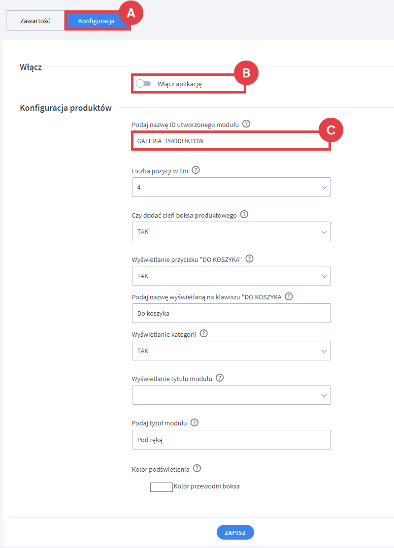 Panel administracyjny sklepu > Dodatki i integracje > Moje aplikacje > Galeria produktów > Konfiguracja