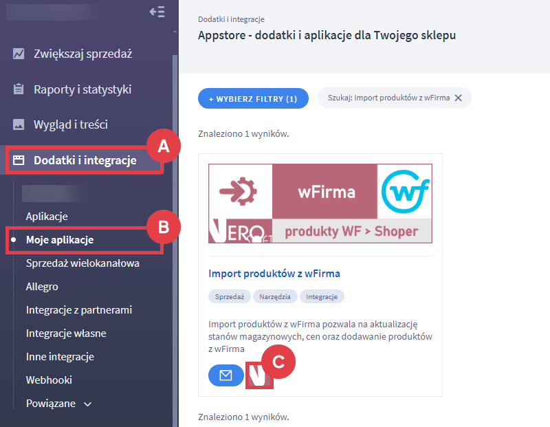 Przejdź do ustawień importu produktów z wFirma do sklepu internetowego Shoper Panel administracyjny sklepu > Dodatki i integracje > Moje aplikacje > Import produktów z wFirma