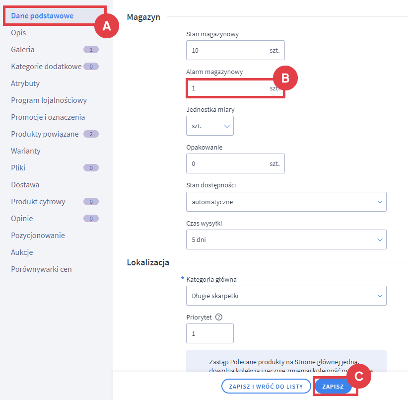 Panel administracyjny sklepu > Obsługa sklepu > Produkty > Edycja > Dane podstawowe > Magazyn > Alarm magazynowy