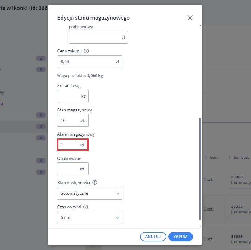 Panel administracyjny sklepu > Obsługa sklepu > Produkty > Edycja > Warianty > Stan magazynowy > Edycja > Alarm magazynowy