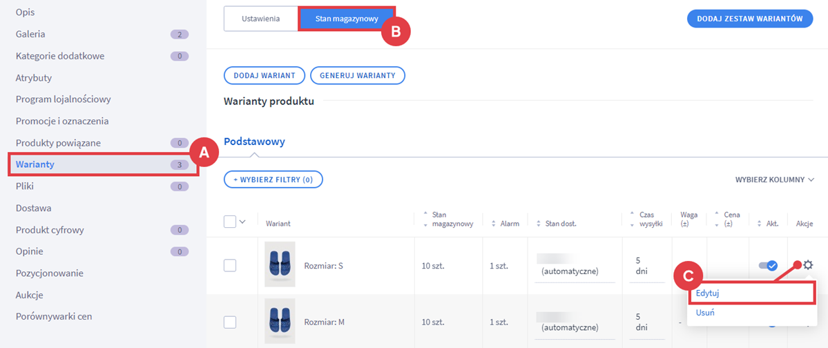 Panel administracyjny sklepu > Obsługa sklepu > Produkty > Edycja > Warianty > Stan magazynowy > Edycja
