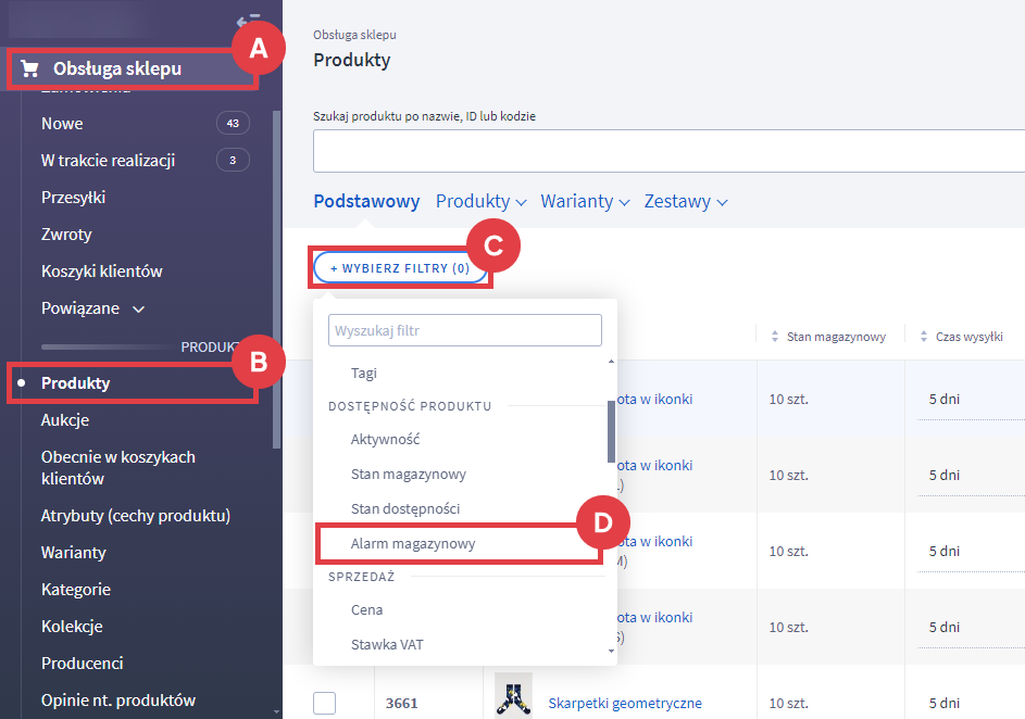 Panel administracyjny sklepu > Obsługa sklepu > Produkty > Filtry > Alarm magazynowy