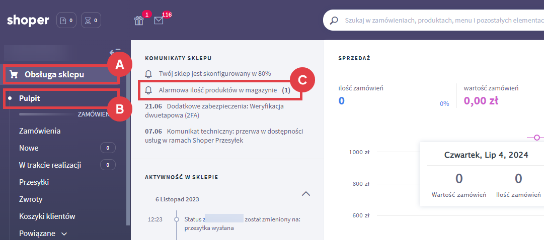 Panel administracyjny sklepu > Obsługa sklepu > Pulpit > Alarm magazynowy