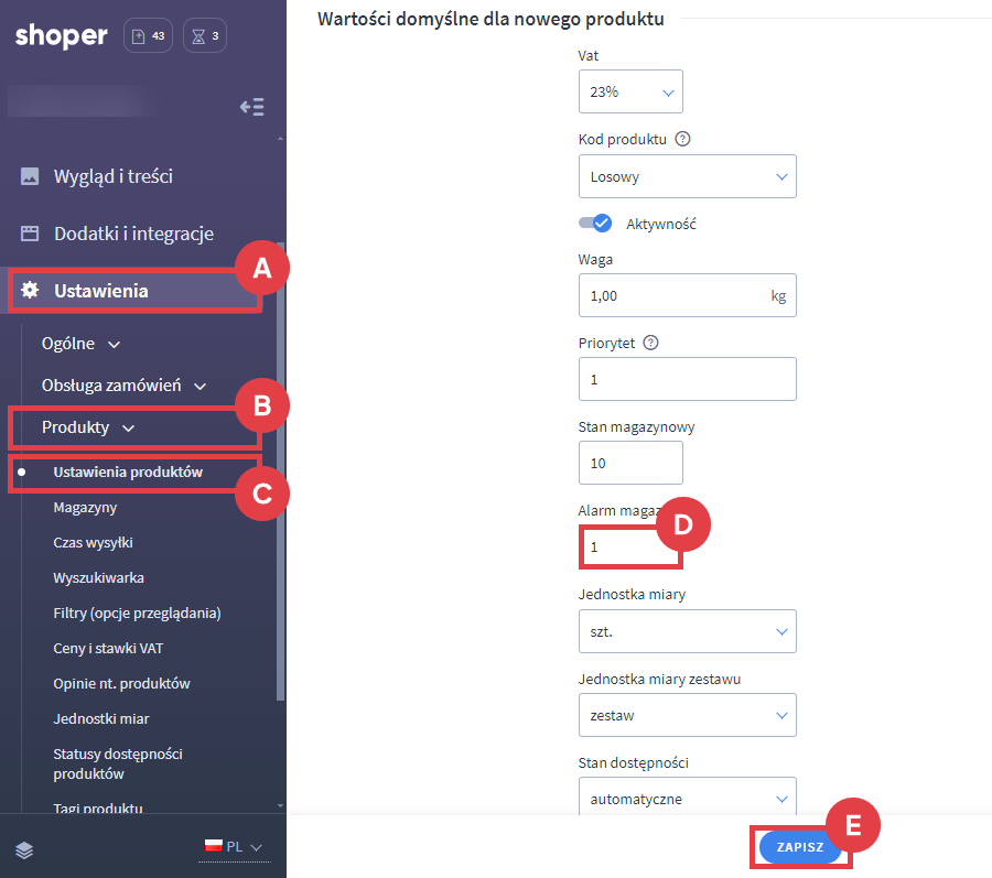 Panel administracyjny sklepu > Ustawienia > Produkty > Ustawienia produktów > Alarm magazynowy