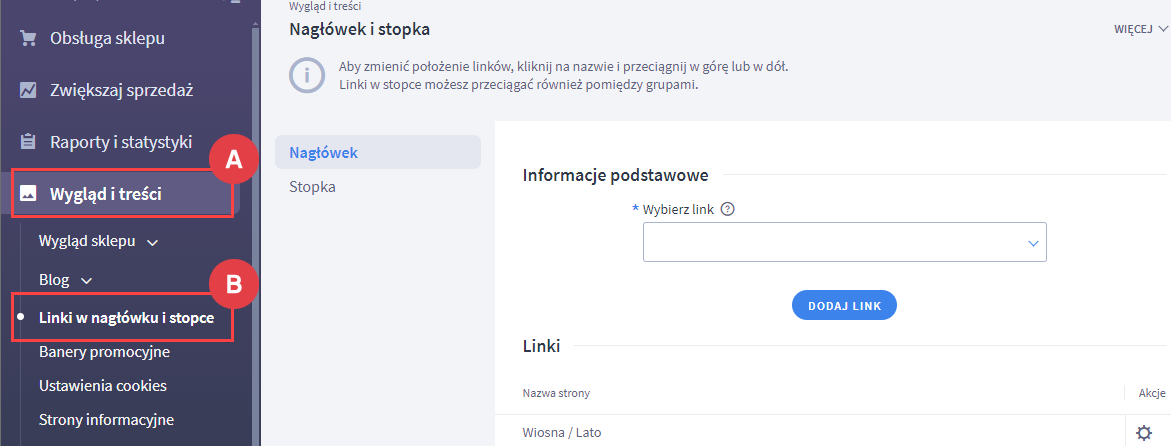Przejdź do opcji dodania formularza kontaktowego Panel administracyjny > Wygląd i treści > Linki w nagłówku i treści