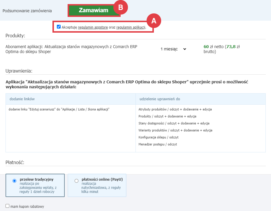 Zamów abonament aplikacji Aktualizacja stanów magazynowych z Comarch ERP Optima do Shoper Panel administracyjny sklepu > Dodatki i integracje > Aplikacje > Aktualizacja stanów magazynowych z Comarch ERP Optima do sklepu Shoper