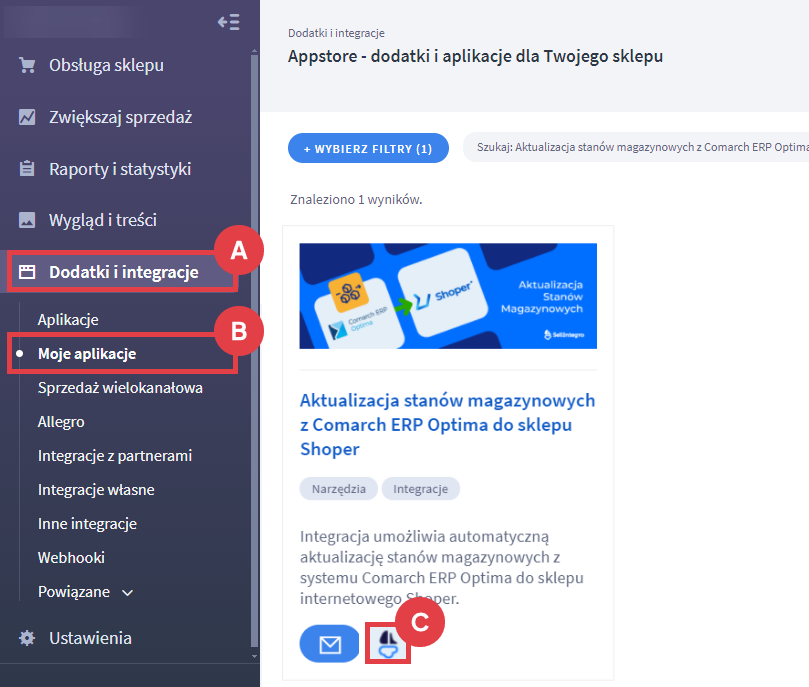 Uruchom i skonfiguruj aplikację do aktualizowania stanów magazynowych pomiędzy Comarch ERP Optima i Shoper Panel administracyjny sklepu > Dodatki i integracje > Moje aplikacje > Aktualizacja stanów magazynowych z Comarch ERP Optima do sklepu Shoper