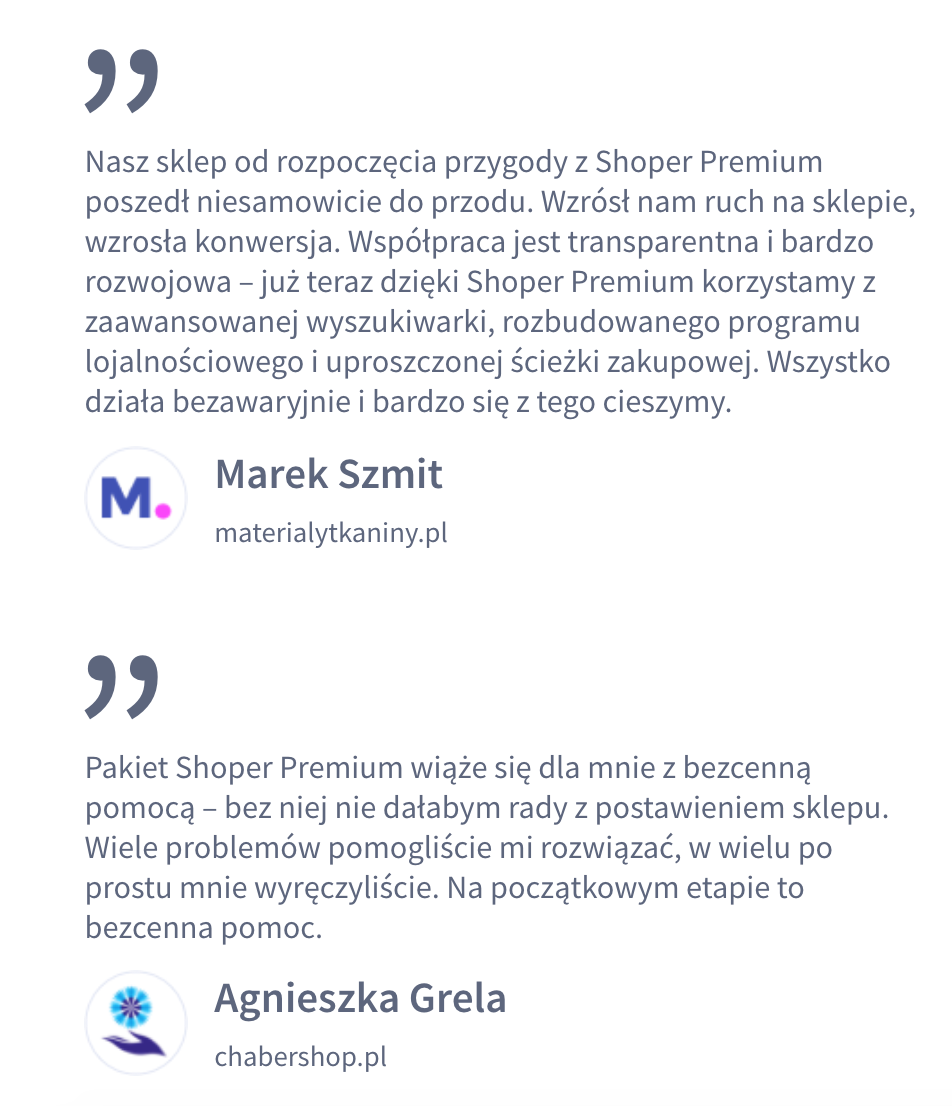 Recenzje klientów o usłudze Shoper Premium