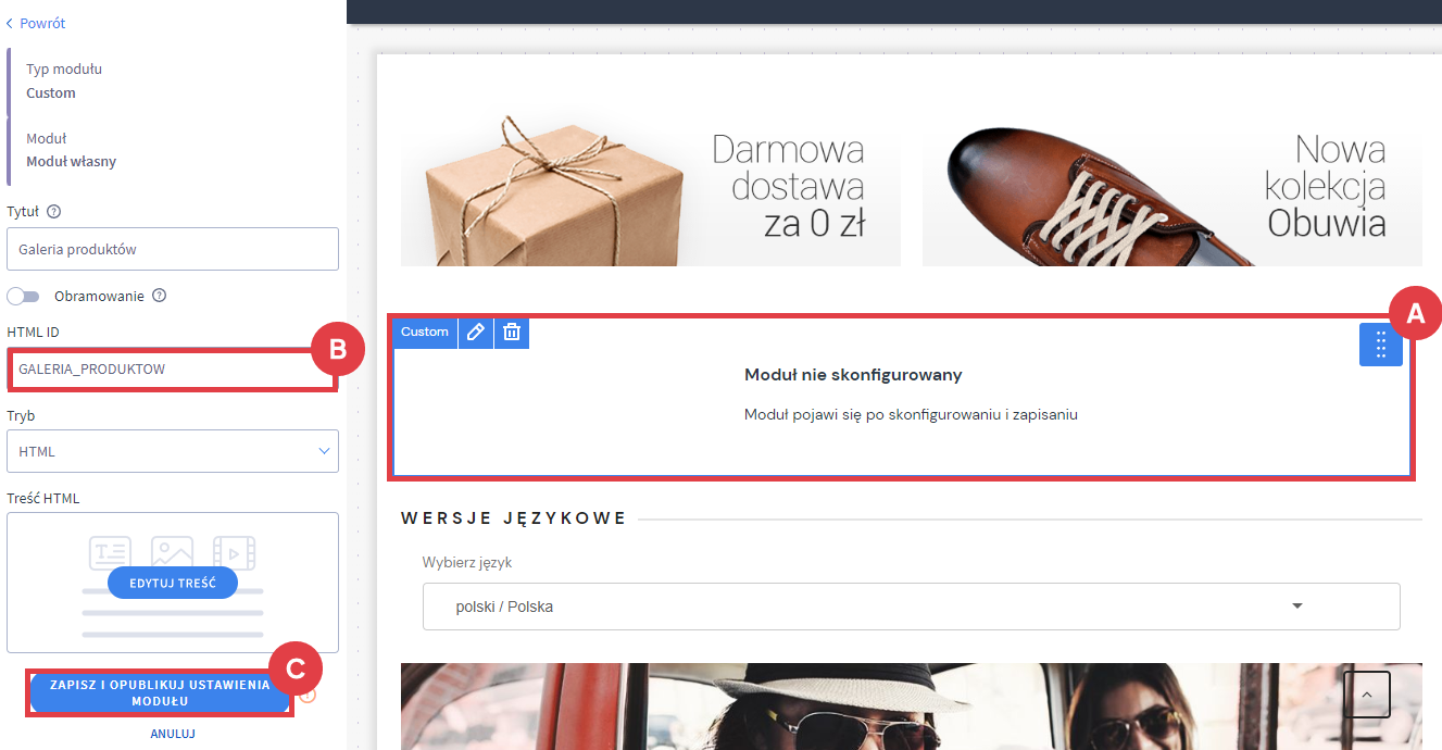 Shoper Visual Editor > Moduły na stronie > Dodaj moduł do strony > Moduł własny > Ustawienia > HTML ID