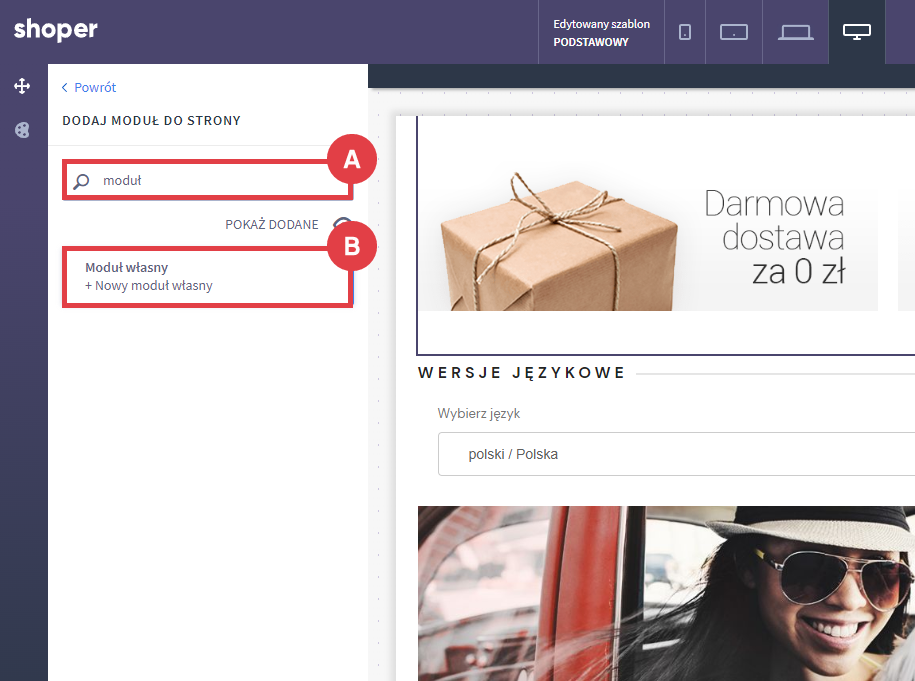 Shoper Visual Editor > Moduły na stronie > Dodaj moduł do strony > Moduł własny