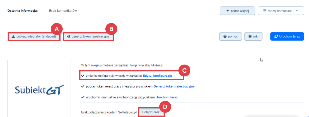 Widok panelu aplikacji Aktualizacja stanów magazynowych z Subiekt GT do Shoper Panel administracyjny sklepu > Dodatki i integracje > Moje aplikacje > Aktualizacja stanów magazynowych z Subiekt GT do sklepu Shoper > Panel aplikacji