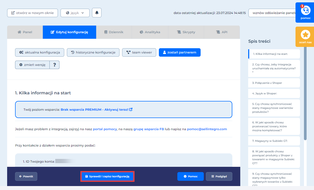 Sprawdź i zapisz konfigurację w scenariuszu Panel administracyjny sklepu > Dodatki i integracje > Moje aplikacje > Aktualizacja stanów magazynowych z Subiekt GT do sklepu Shoper > Konfiguracja