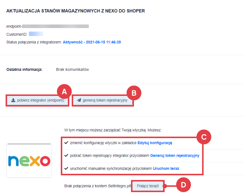 Przykładowy widok pulpitu aplikacji Aktualizacja stanów magazynowych z Subiekt Nexo PRO do Shoper Panel administracyjny sklepu > Dodatki i integracje > Moje aplikacje > Aktualizacja stanów magazynowych z Subiekt Nexo PRO do Shoper > Pulpit