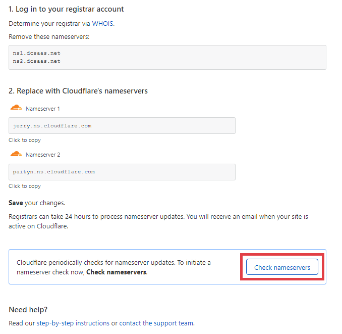 Kliknij: Check nameservers, aby sprawdzić czy DNSy zostały zaktualizowane Konfiguracja Cloudflare w sklepie Shoper
