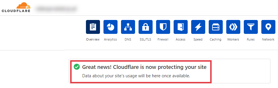 Komunikat informujący o pozytywnej aktualizacji serwerów DNS Panel konfiguracyjny Cloudflare