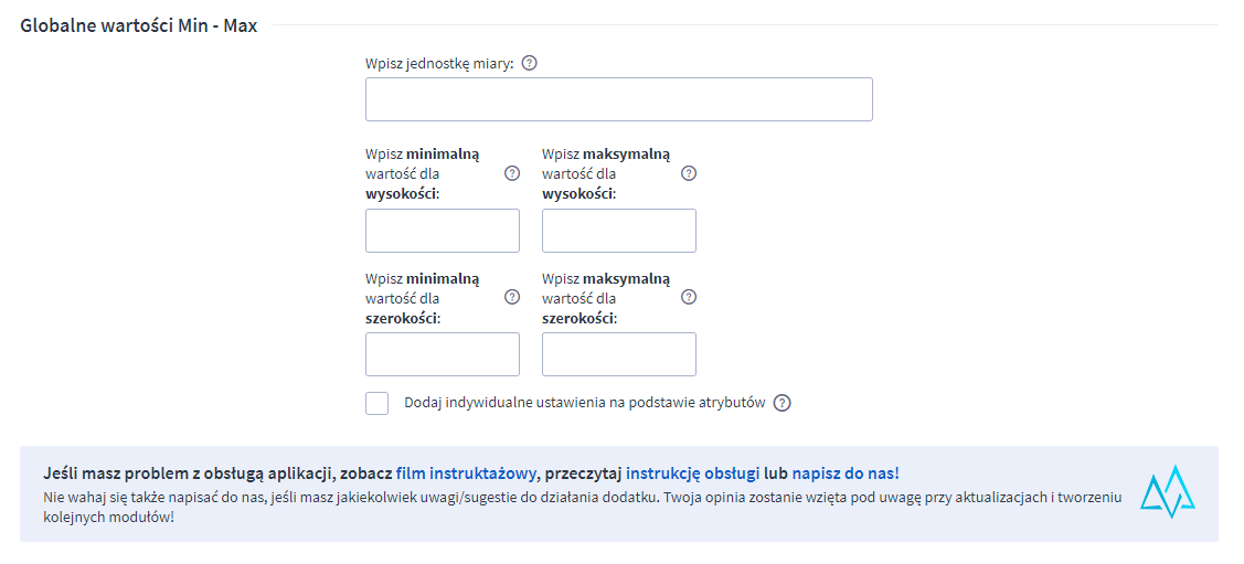 Panel administracyjny sklepu > Dodatki i integracje > Moje aplikacje > Przelicznik jednostek powierzchni > Konfiguracja > Globalne wartości Min - Max