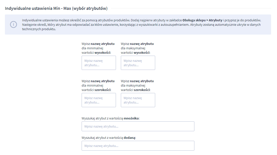 Panel administracyjny sklepu > Dodatki i integracje > Moje aplikacje > Przelicznik jednostek powierzchni > Konfiguracja > Indywidualne ustawienia Min - Max